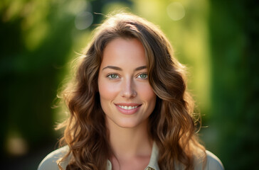 Obraz premium Close-up of a woman with loose curls and a warm smile, standing in a vibrant natural setting