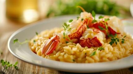 A plate of a bowl filled with pasta and lobster, AI