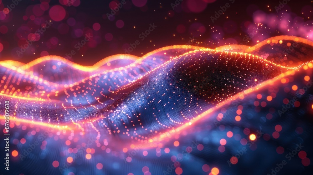 Poster glowing futuristic landscape with waves of particles flowing in a seamless loop
