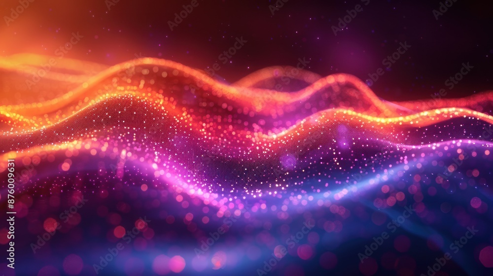 Poster glowing and colorful digital wave of particles flowing in a dark background
