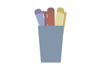 Vaso con bolígrafo de color morado, rojo y amarillo