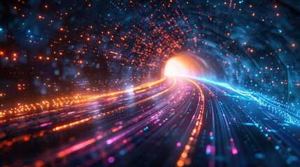 Naklejka premium Glowing particles form a tunnel of light in a digital dreamscape.