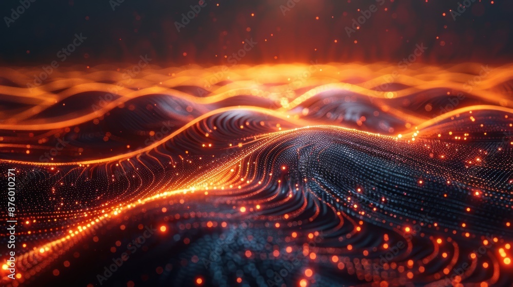 Poster glowing orange and blue digital landscape with flowing wave-like structures formed by illuminated do