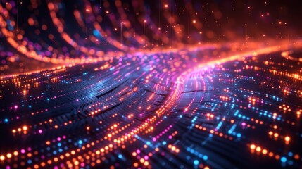 Glowing orange and blue circuit board with flowing electrons
