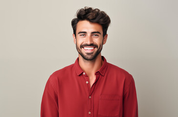 Obraz premium A young man with curly hair and a bright smile, wearing a red shirt, standing against a neutral background