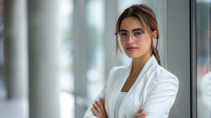 The confident businesswoman in white in office