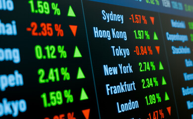 Obraz premium Stock market and exchange, indices of Hong Kong, New York, Frankfurt, London. Business, trading, investment, financial markets. 3D illustration