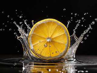 Lemon slice splashing into water on black background