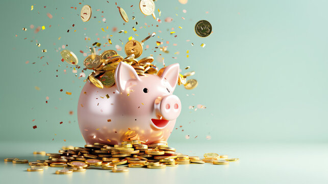 Piggy bank overflowing with coins on a light green background