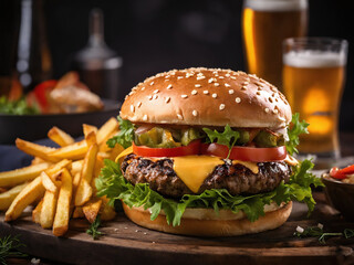 Closeup of a juicy cheeseburger with crispy fries and beer