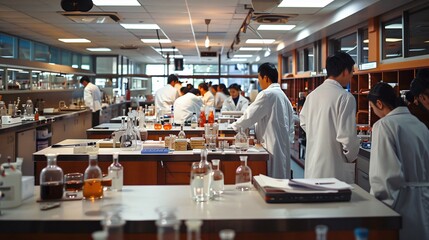 A bustling laboratory with scientists in white coats working intently, underscoring themes of scientific research and innovation.

