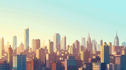 Obraz premium A cartoon-style illustration of a cityscape at sunrise.