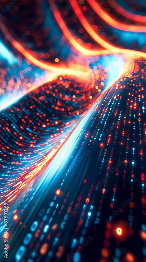 Poster digital background featuring an abstract, digital space with glowing lights and futuristic elements
