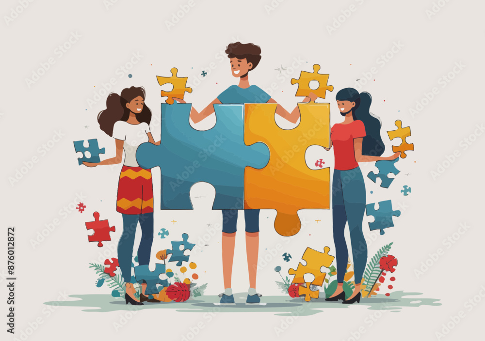 Poster team collaboration concept with people holding puzzle elements representing problem solving and solu