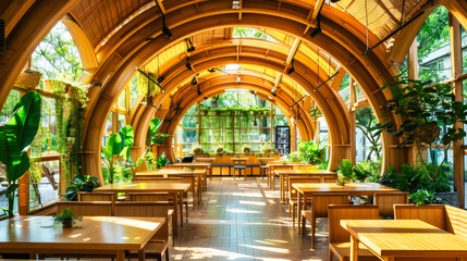 Obraz premium A bamboo restaurant with arched wooden structures