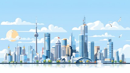 An illustrated cityscape with tall buildings and a blue sky with white clouds.