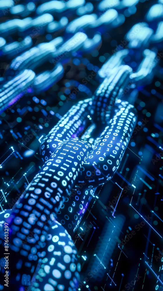 Poster digital blue chain with binary code on a dark background