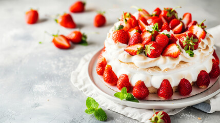 A tasty strawberry meringue cake with cream and strawberries on a grey background