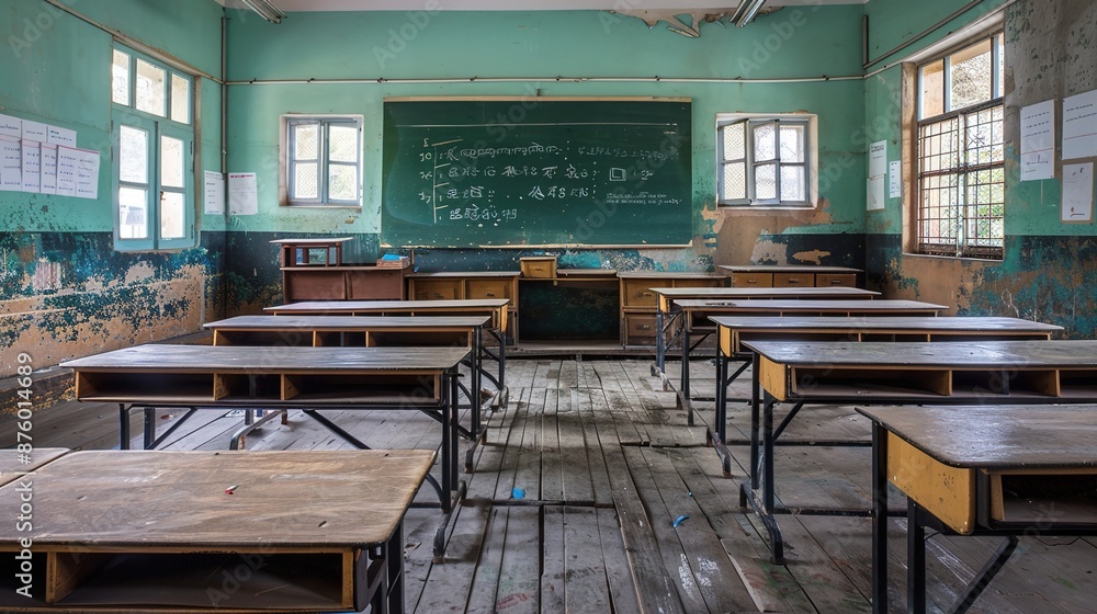 Aufkleber serene empty classroom with neat rows of desks and green chalkboard