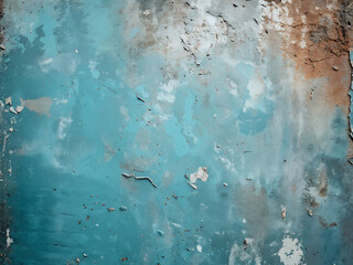 Peeling blue paint on a weathered wall surface