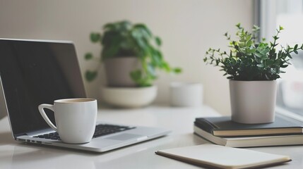 Productive Workspace - Minimalist Study Desk with Laptop, Coffee, and Notebooks for Work or Study Time
