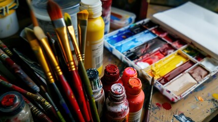 Fototapeta premium Creative Workspace: Table filled with Paintbrushes, Watercolors, and Sketchpads for Art Projects