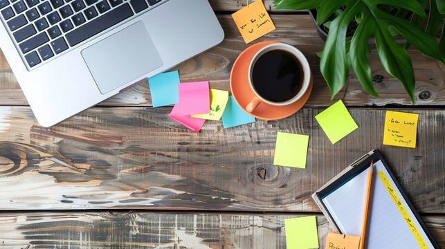 Modern Workspace with Laptop, Coffee Cup, and Sticky Notes for Reminders