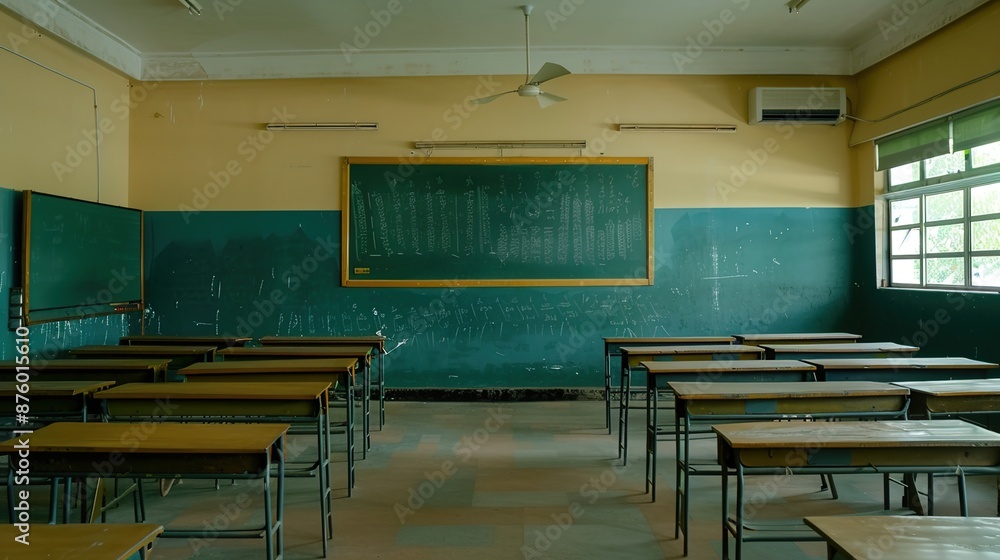 Poster serene empty classroom with neat rows of desks and green chalkboard for learning