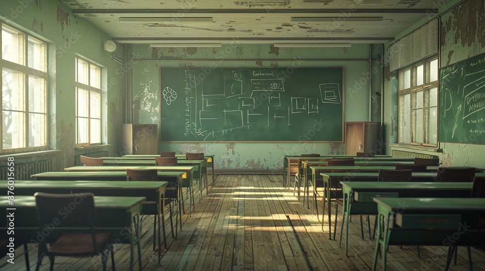 Aufkleber serene empty classroom with neat rows of desks and green chalkboard for learning environment