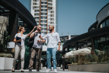 Fototapeta premium Three business professionals engaging in a lively conversation in an urban city environment. Buildings and modern architecture in the background.