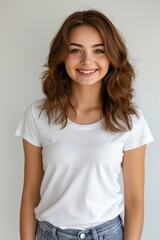 A cheerful young woman smiling and posing in a t-shirt, highlighting casual and fashionable style.
