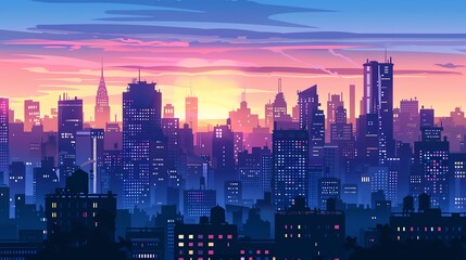Fototapeta premium A cartoon-style illustration of a city skyline at sunset.