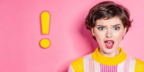Obraz premium The image shows a young woman with curly brown hair making a surprised facial expression against an background with graphic shapes and exclamation marks.