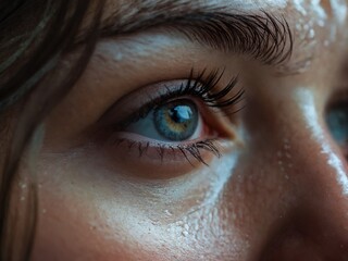 Close up of woman's blue eye with white face paint