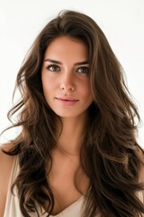 Fototapeta premium A gorgeous lady with wavy hair poses elegantly, smiling radiantly, exuding glamour and cheerful confidence.