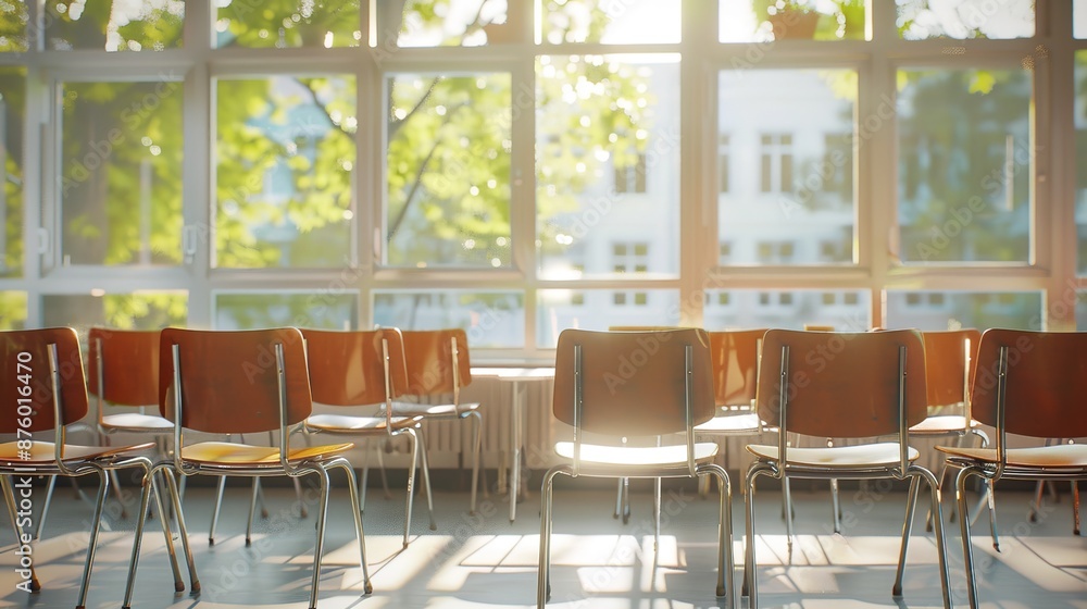 Aufkleber bright classroom with empty chairs and large windows, inviting learning environment concept