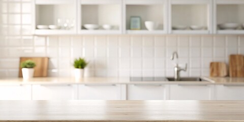 Wooden Tabletop in Modern Kitchen with Blurred Background. Embrace the warmth of a sunlit kitchen, where modern design meets natural beauty. This inviting space features a pristine white cabinetry.