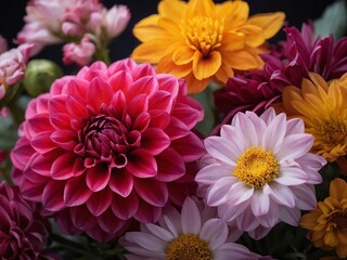 Close up of a pink dahlia with other colorful flowers