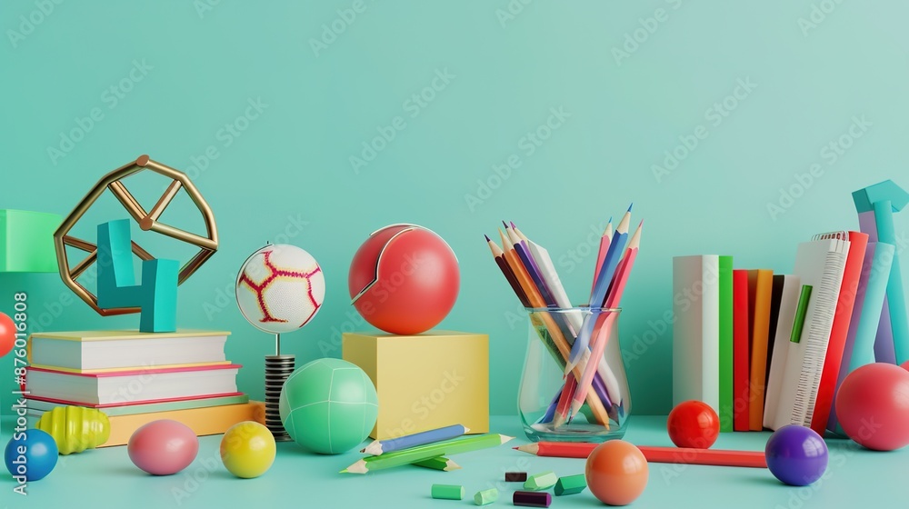 Poster educational elements in 3d render with copy space on blank background