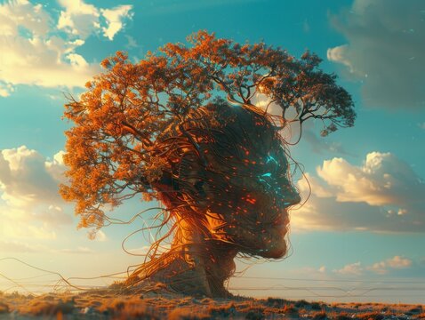 Man with tree growing out of head in field symbolizing connection to nature and personal growth in life journey