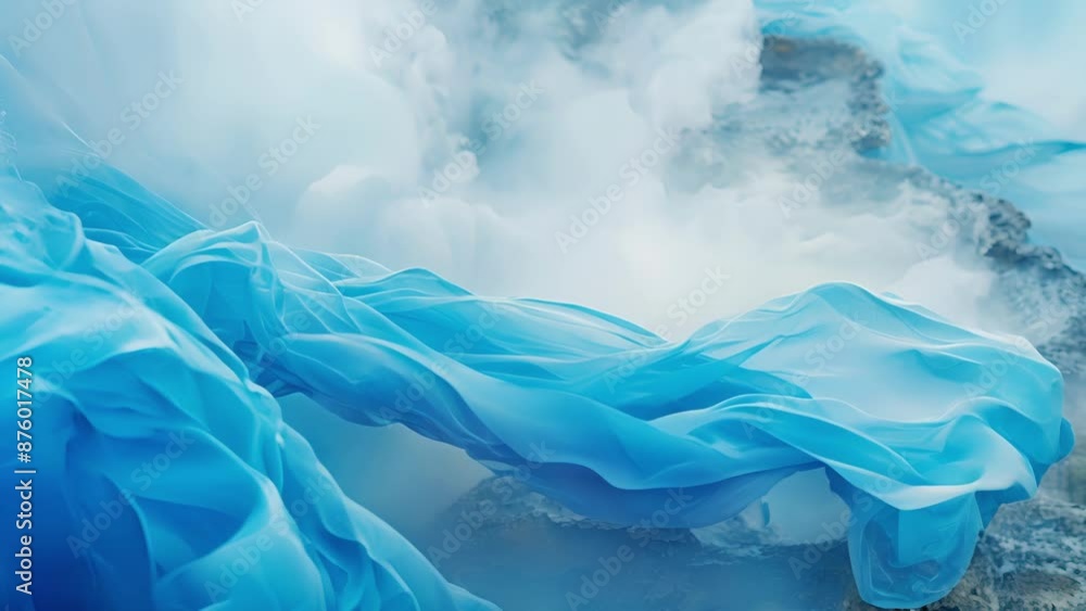 Poster a fluttering blue fabric adds a pop of color to the hazy mist of a geothermal geyser.