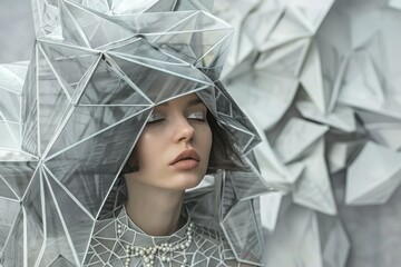 Woman in white dress with large paper on head symbolizing fashion and artistic creativity through unconventional headwear