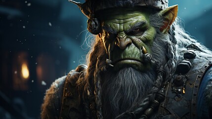 Fototapeta premium Fierce orc warrior in tribal armor in a dark forest.