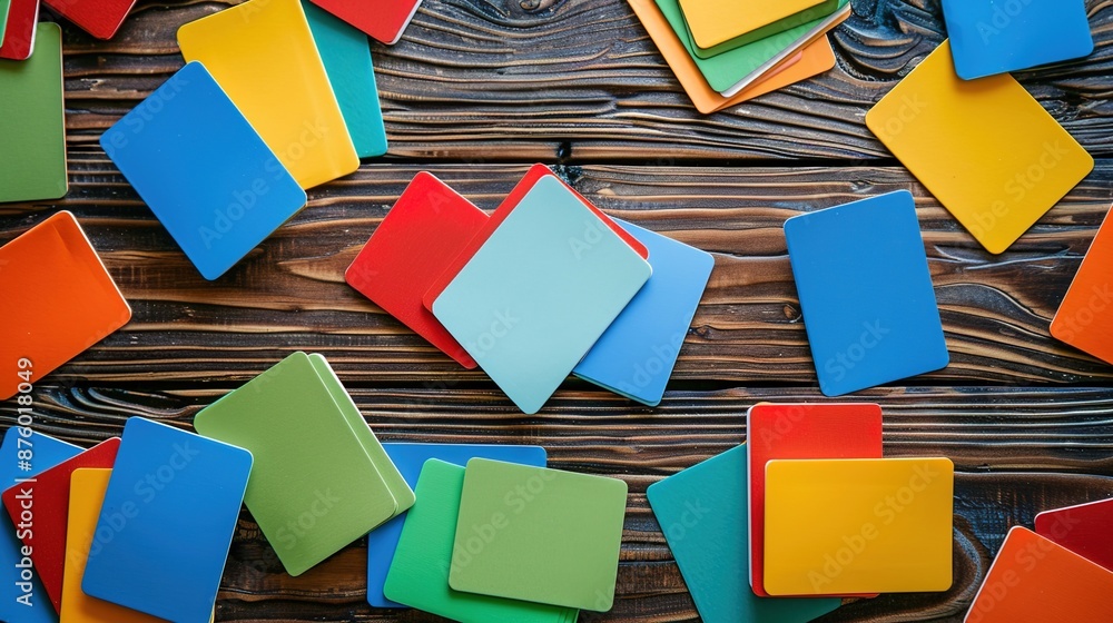 Poster educational flashcards displayed on a rustic wooden table for learning and studying