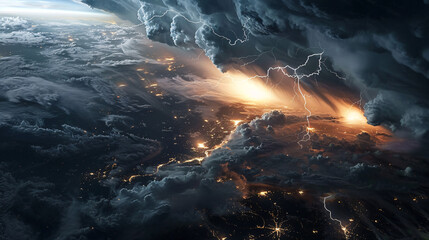 Aerial Satellite View of Powerful Storm System with Lightning
