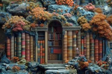 Obraz premium The Quest for Knowledge An adventurer standing before a vast library