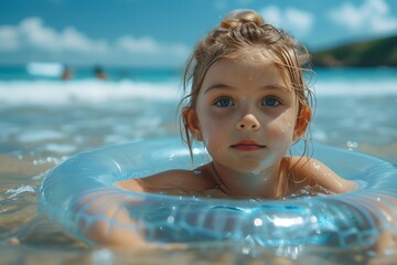 Child playing with inflatable toy ring at beach