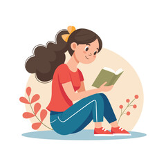 Cute girl sitting reading a book and dreaming. Portrait of a girl with a book. Education and recreation concept. Illustration in flat style