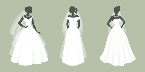 Set of brides in a white wedding dress with a bridal bouquet. Luxurious wedding dresses for brides. Illustration