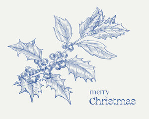 A branch of a holly tree Merry Christmas. Toile art Vector vintage template, blue and light beige colors. Hand drawn illustration for design greeting card , winter holiday decor